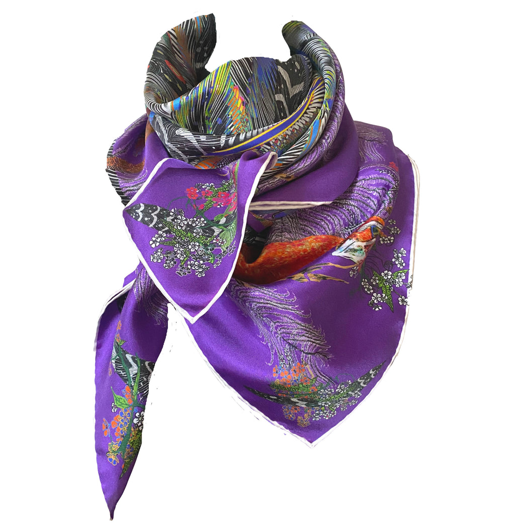 Proud Peacock Feathers in Purple, 100% Silk Scarf
