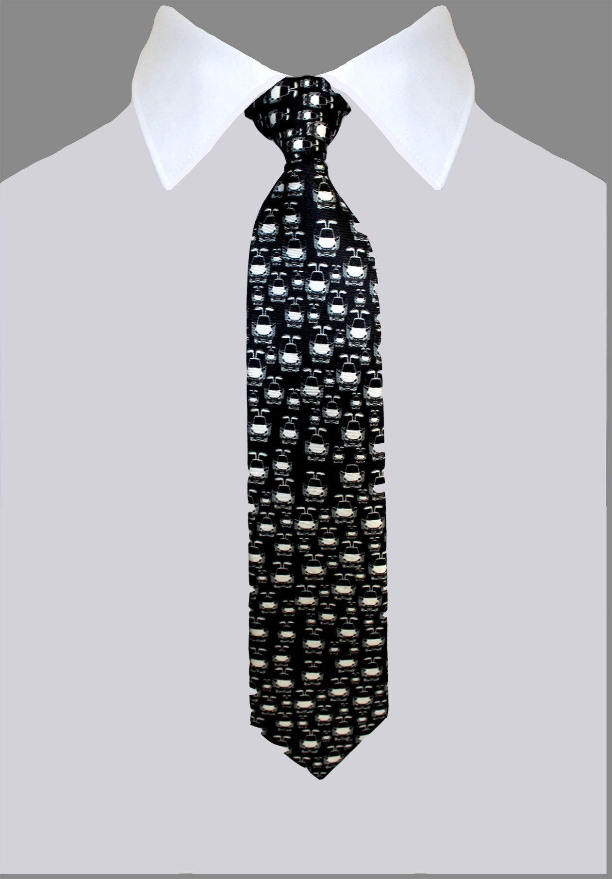 Adult size, Black & White Cars 100% Silk Twill Tie