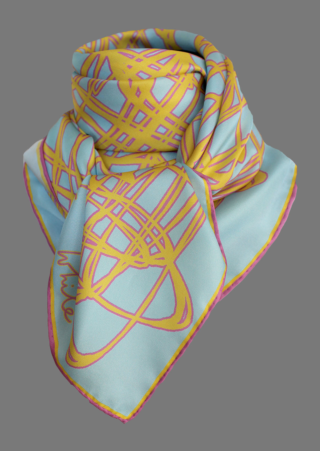 Celtic Swirls in Yellow in Blue, 110cm Square Silk Scarf