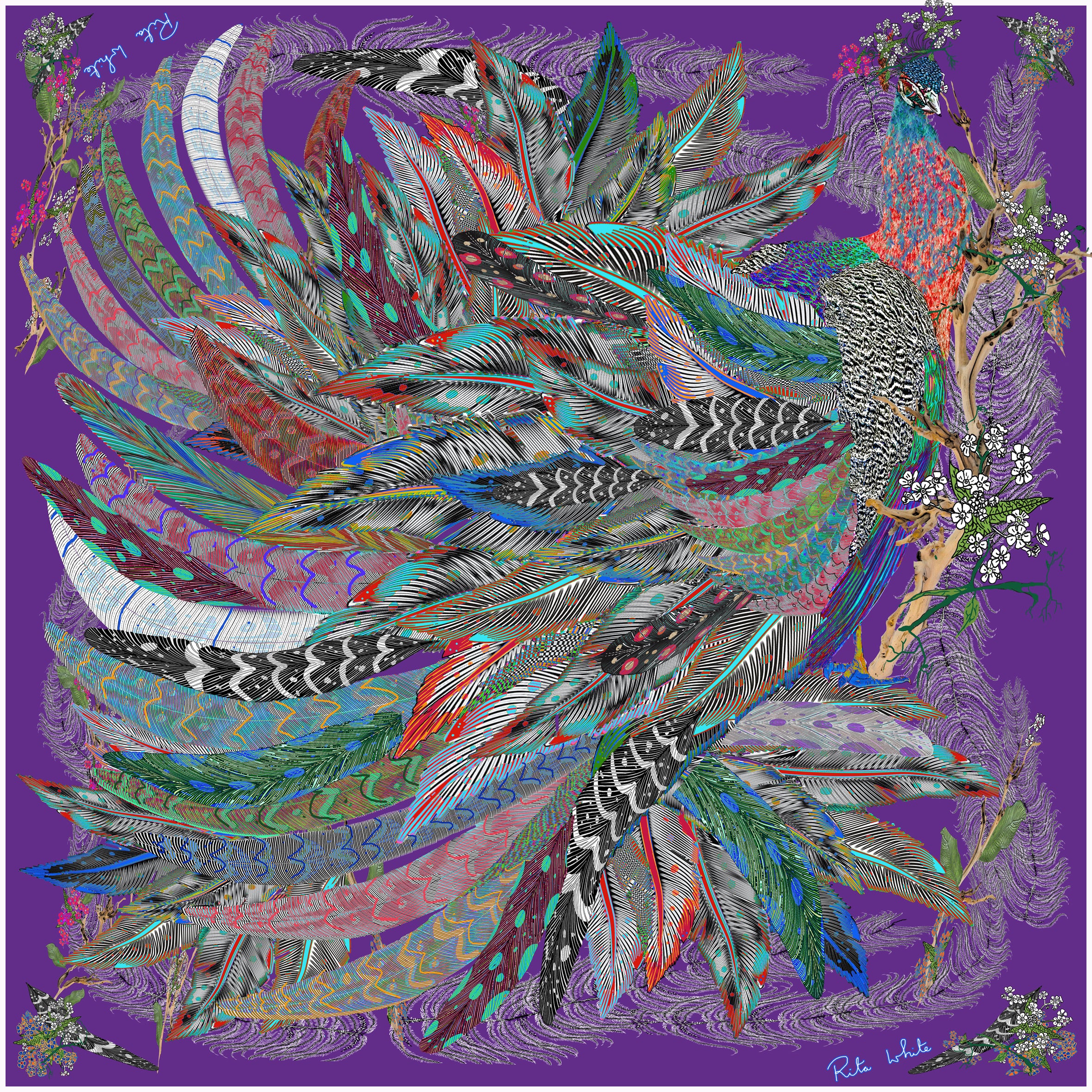 Proud Peacock Feathers in Purple, 100% Silk Scarf