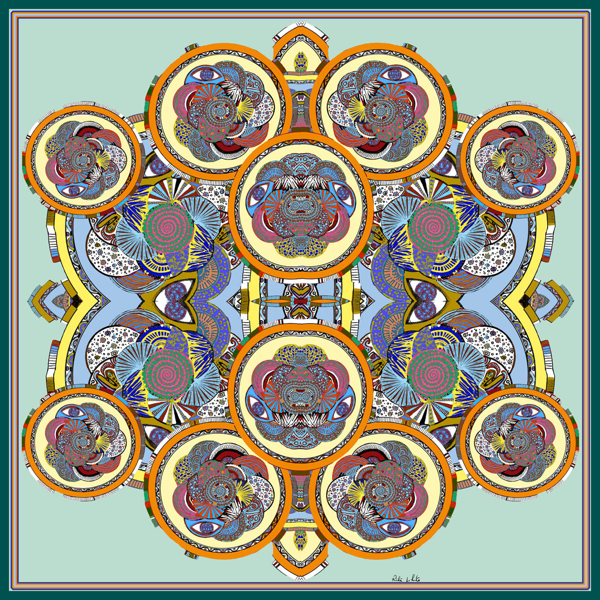 Green Circles, 100% Satin Silk, 100cm Square