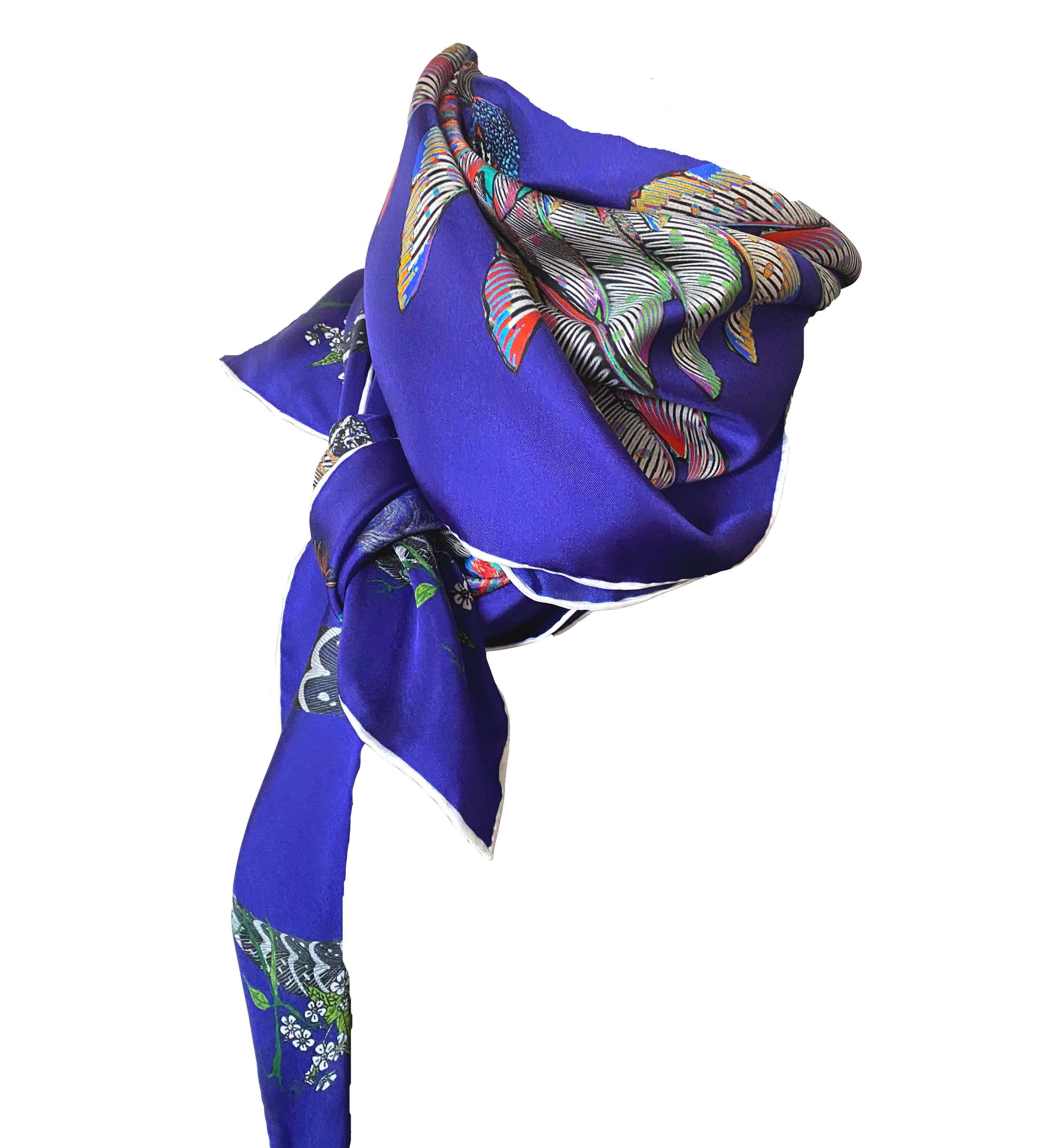 Proud Peacock Feathers in Navy, 100% Silk Scarf , Large Square