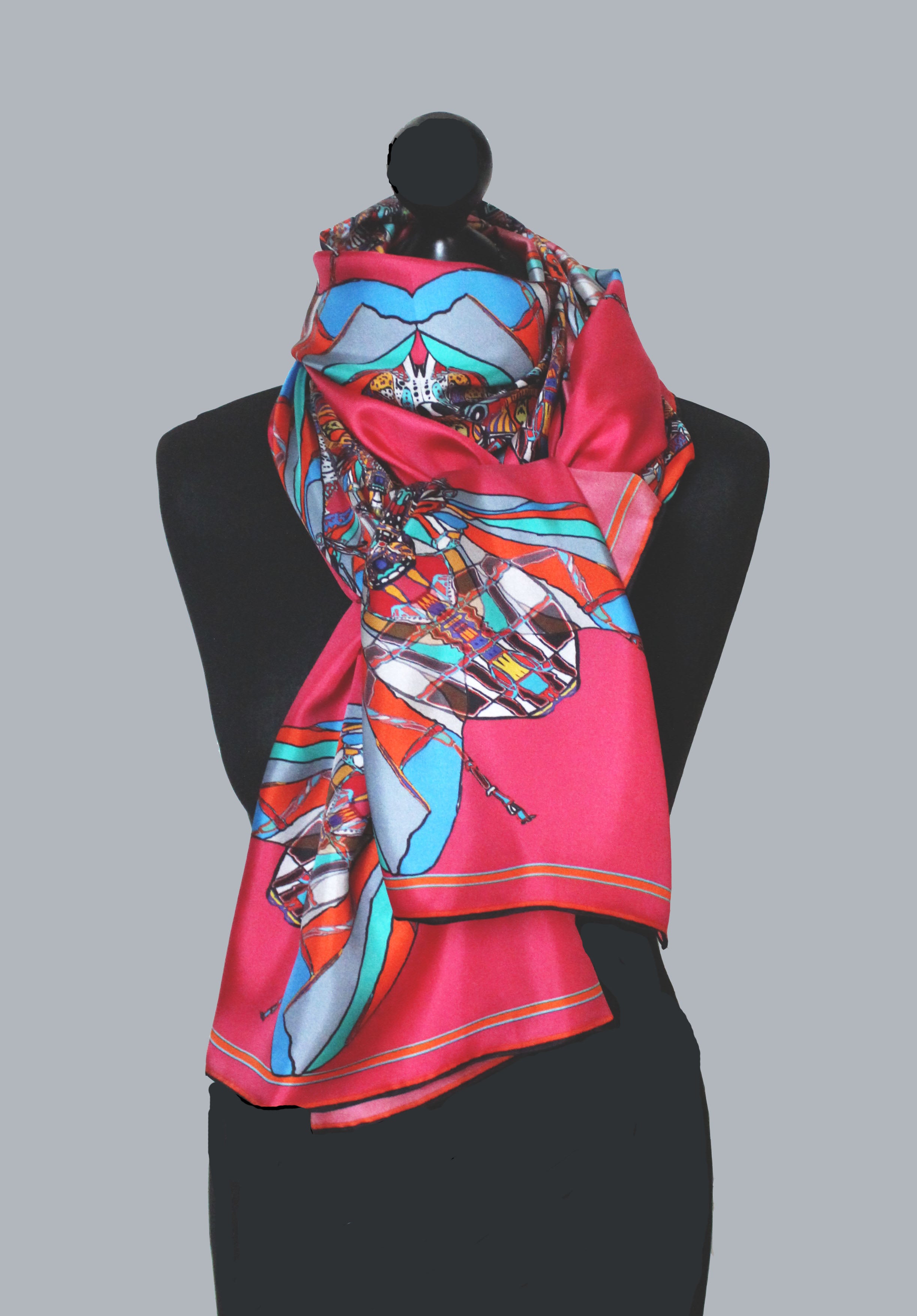 Pink Funky Fly Design,100%Silk Twill, Long Rectangular Scarf
