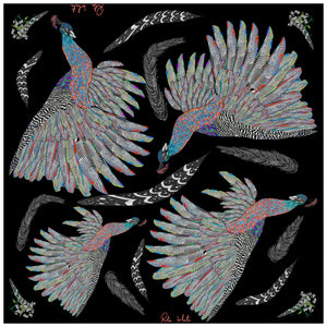 Proud Peacock Feathers in Black, 100% Silk Scarf, Large Square