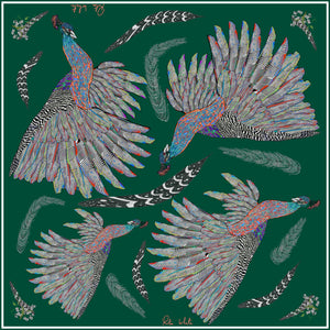 Proud Peacock Feathers in Green, 100% Silk Scarf, Large Square