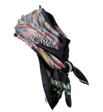 Proud Peacock Feathers in Black, 100% Silk Scarf, Large Square