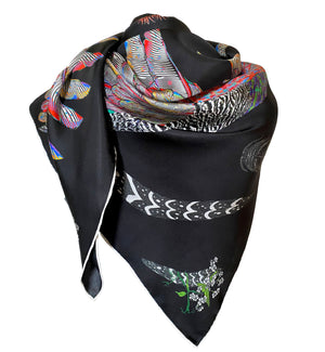 Proud Peacock Feathers in Black, 100% Silk Scarf, Large Square