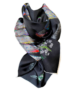 Proud Peacock Feathers in Black, 100% Silk Scarf, Large Square