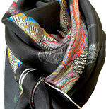 Proud Peacock Feathers in Black, 100% Silk Scarf, Large Square