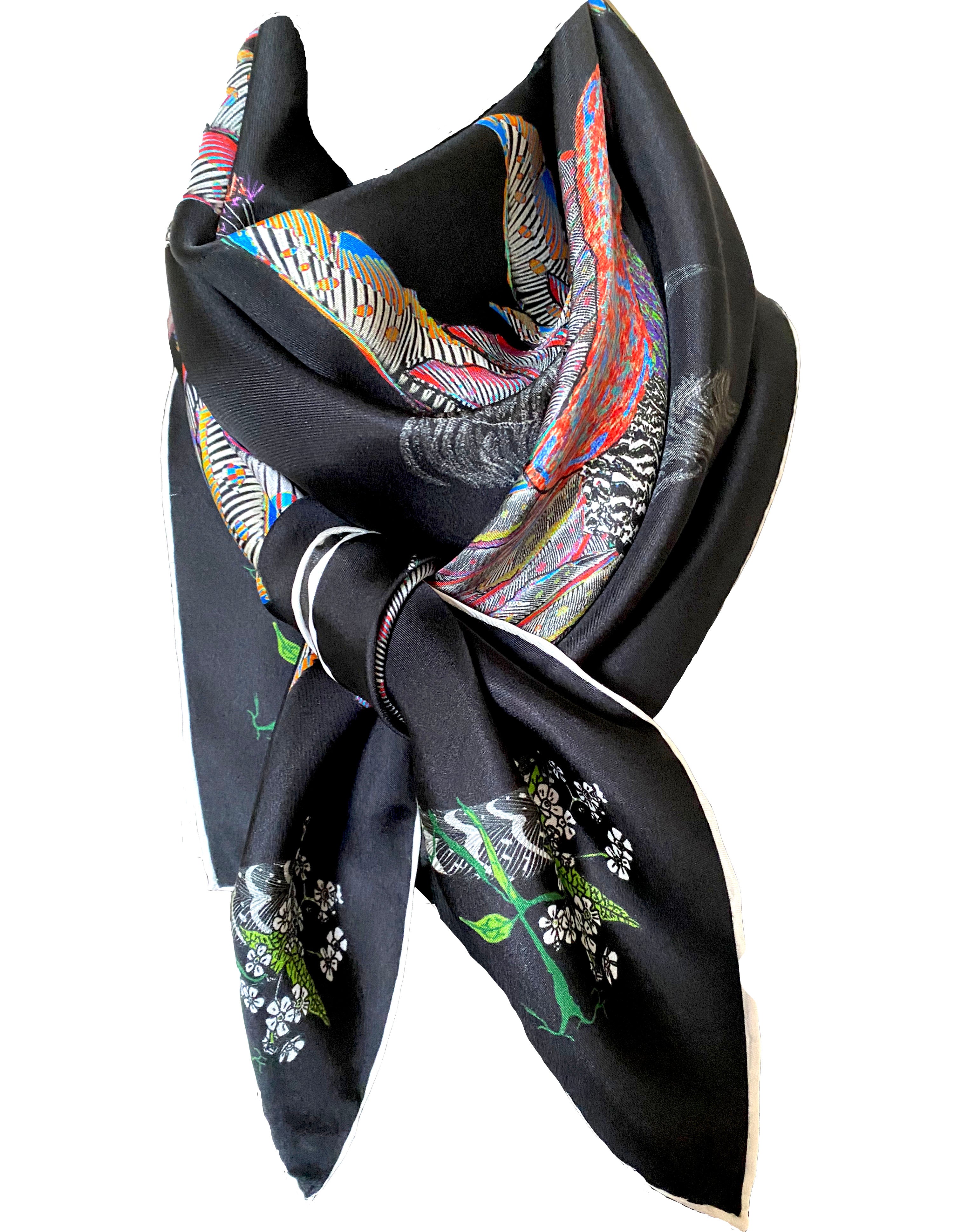 Proud Peacock Feathers in Black, 100% Silk Scarf, Large Square