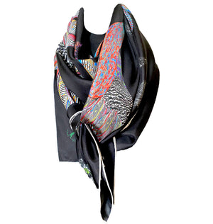 Proud Peacock Feathers in Black, 100% Silk Scarf, Large Square