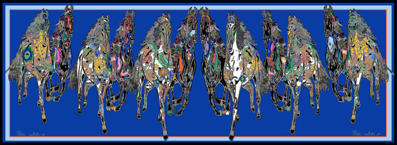 New Galloping Horses In Blue Silk