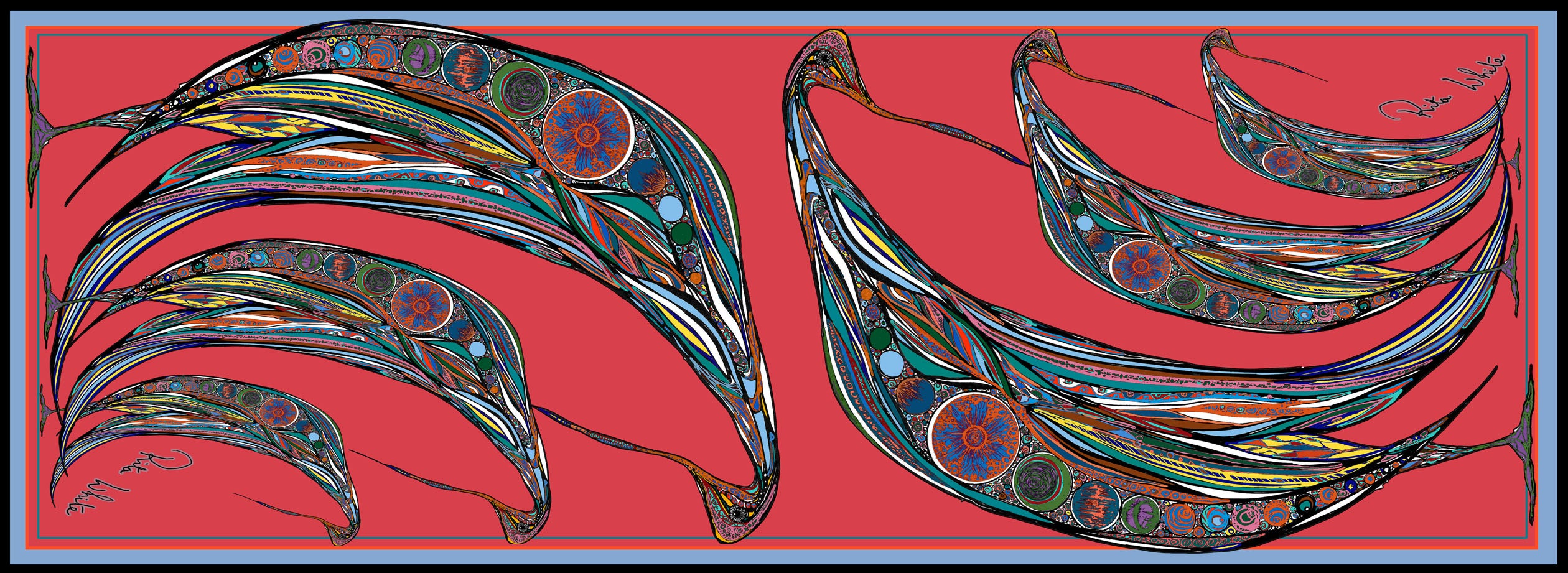 Red Bowing Birds, 100% Silk Twill, Long Rectangular Scarf