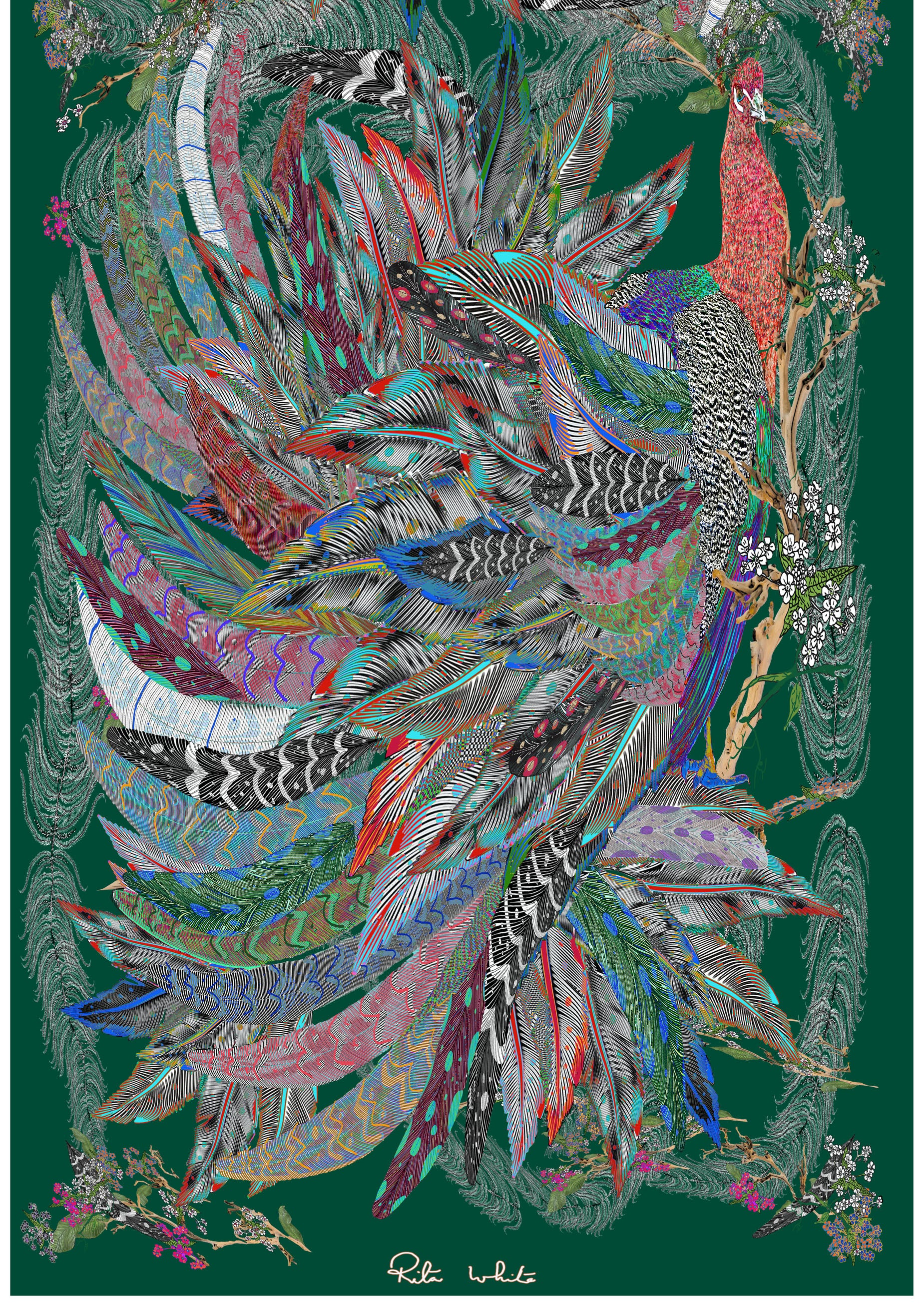The Proud Peacock in Green. Long Silk Scarves