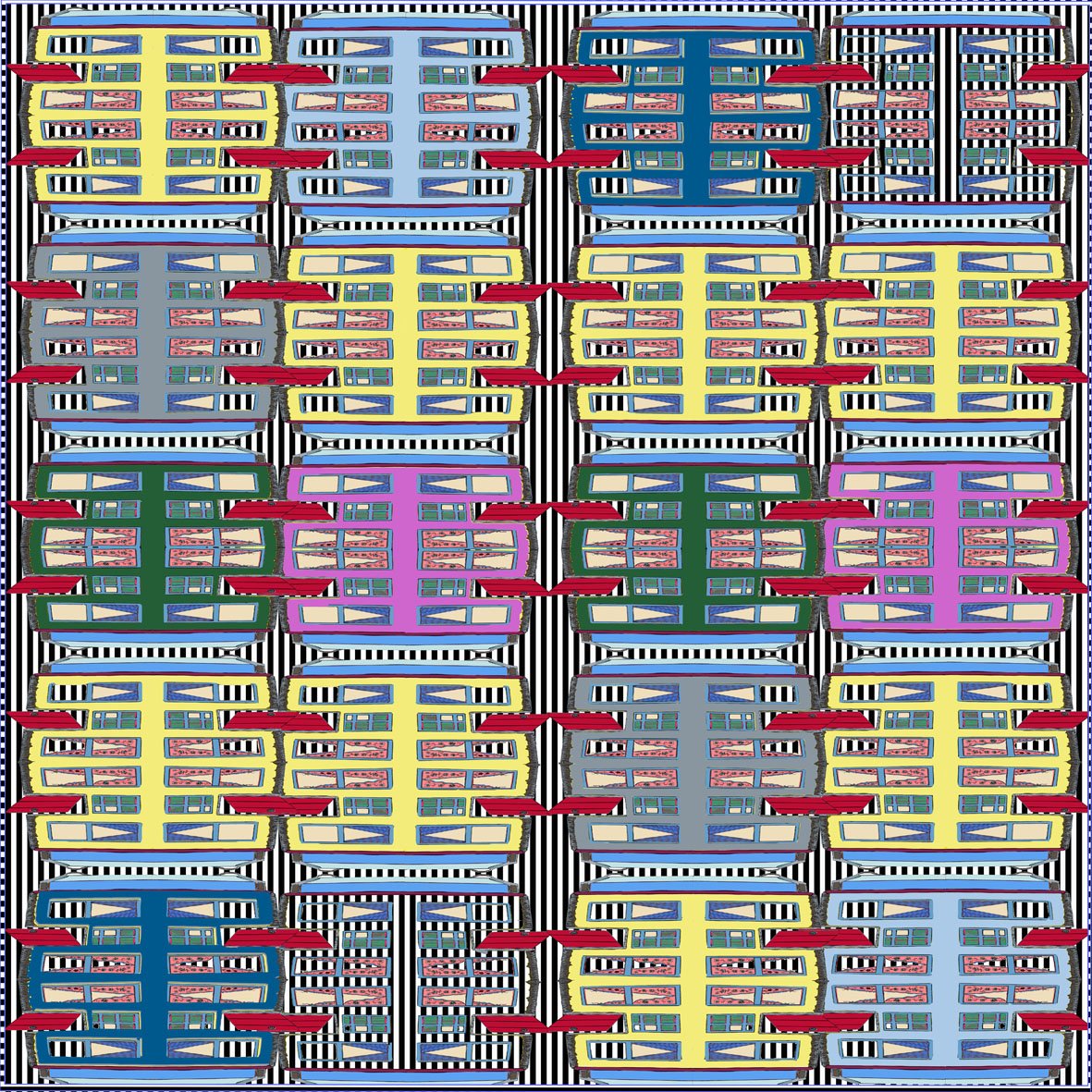 Striped Cottages, 100% Satin Silk, 100cm Square