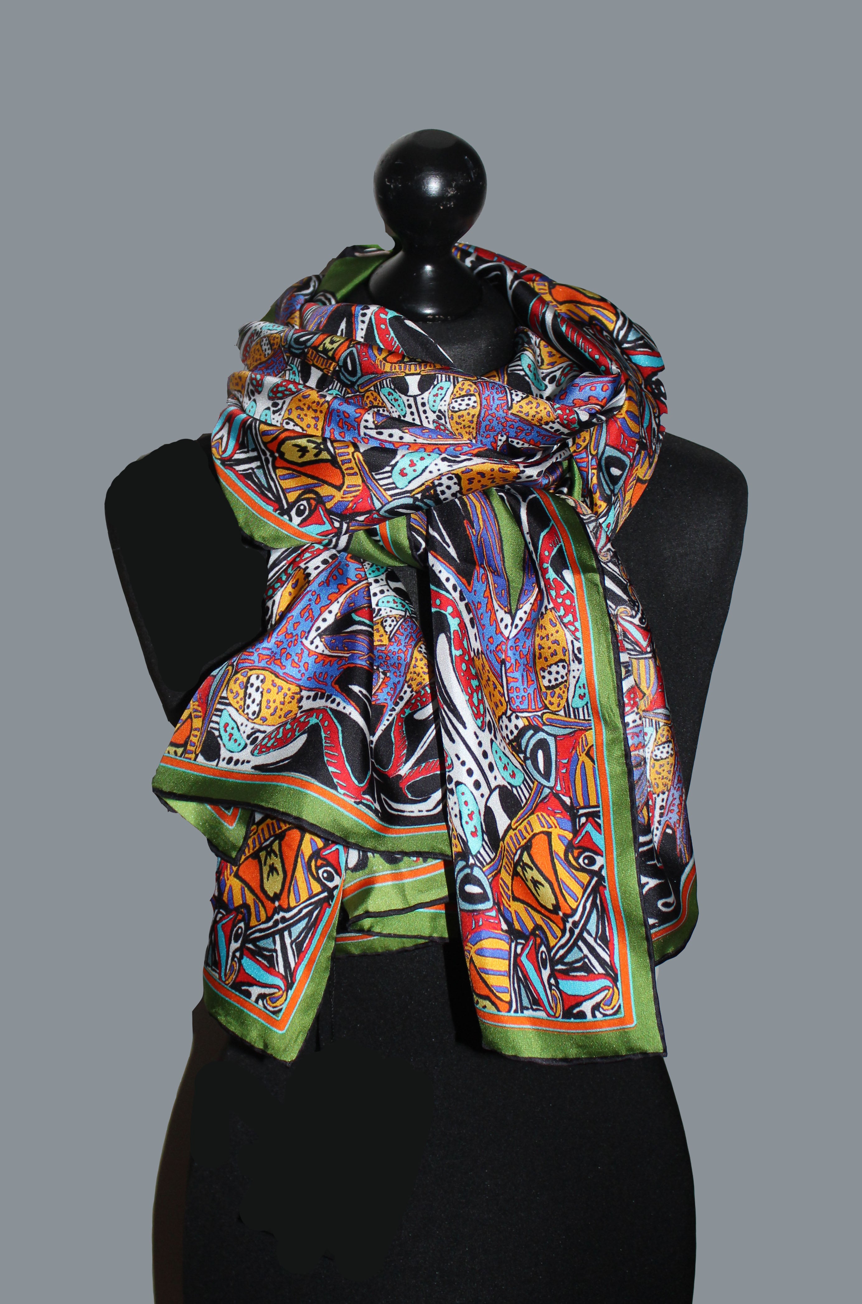 Green Beetle Walk,100% Silk Twill, Long Rectangular Scarf