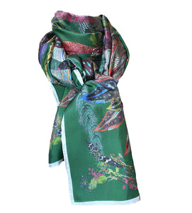 The Proud Peacock in Green. Long Silk Scarves