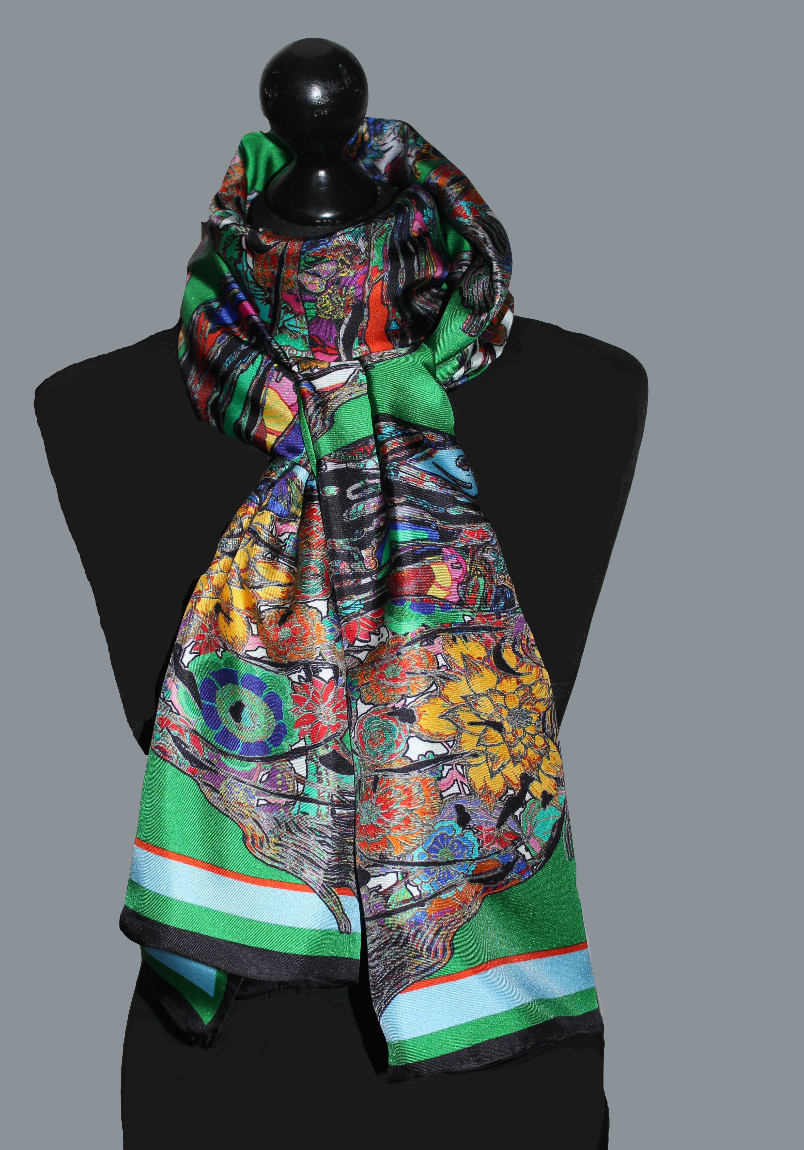 Galloping Horses in Emerald Green. Long Silk Scarves