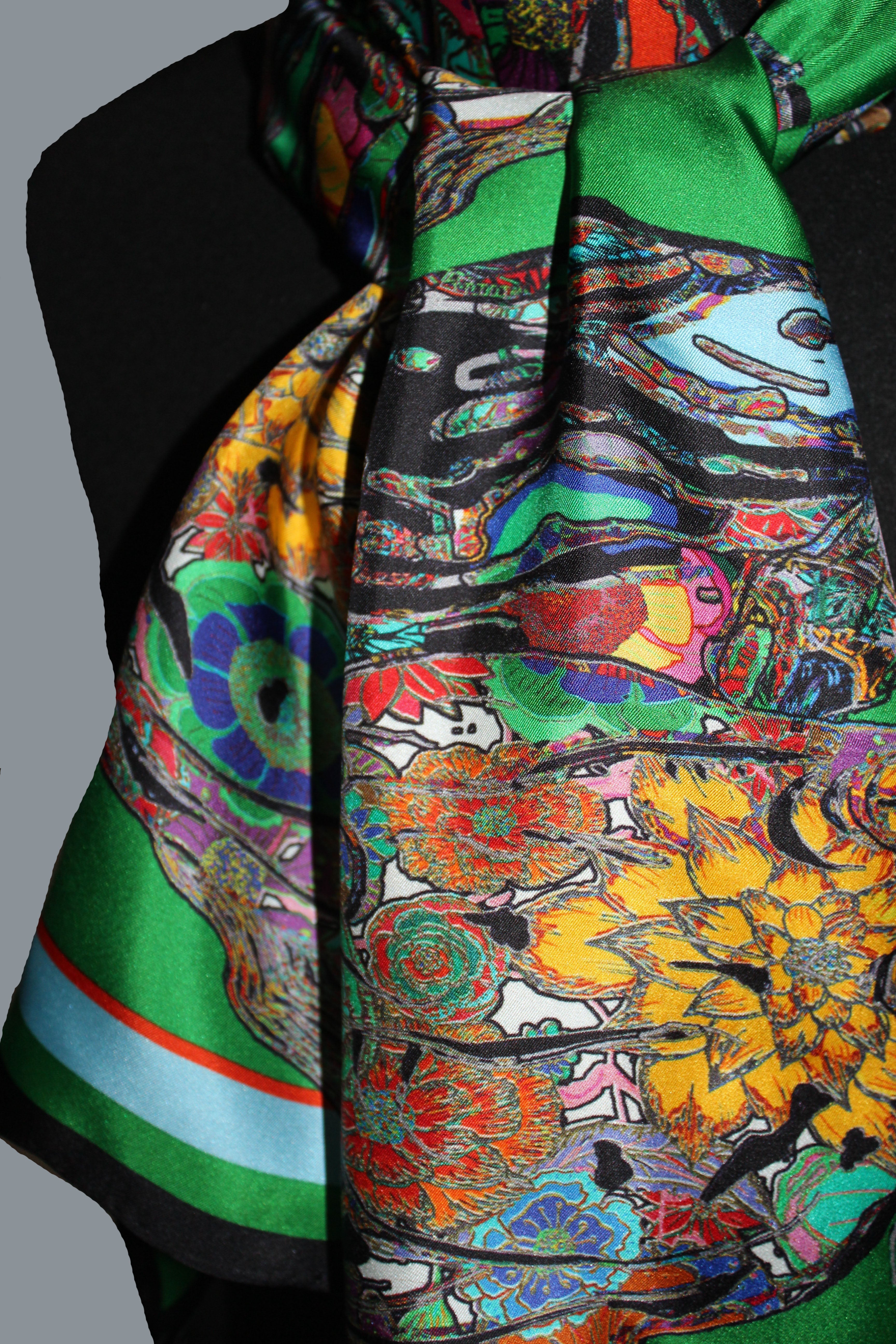Galloping Horses in Emerald Green. Long Silk Scarves