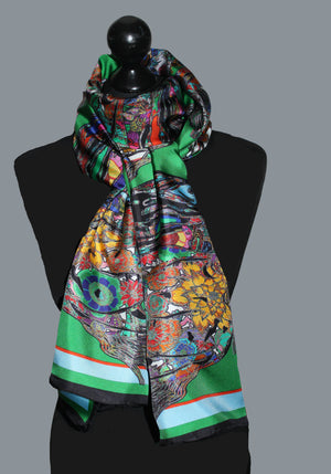 Galloping Horses in Emerald Green. Long Silk Scarves