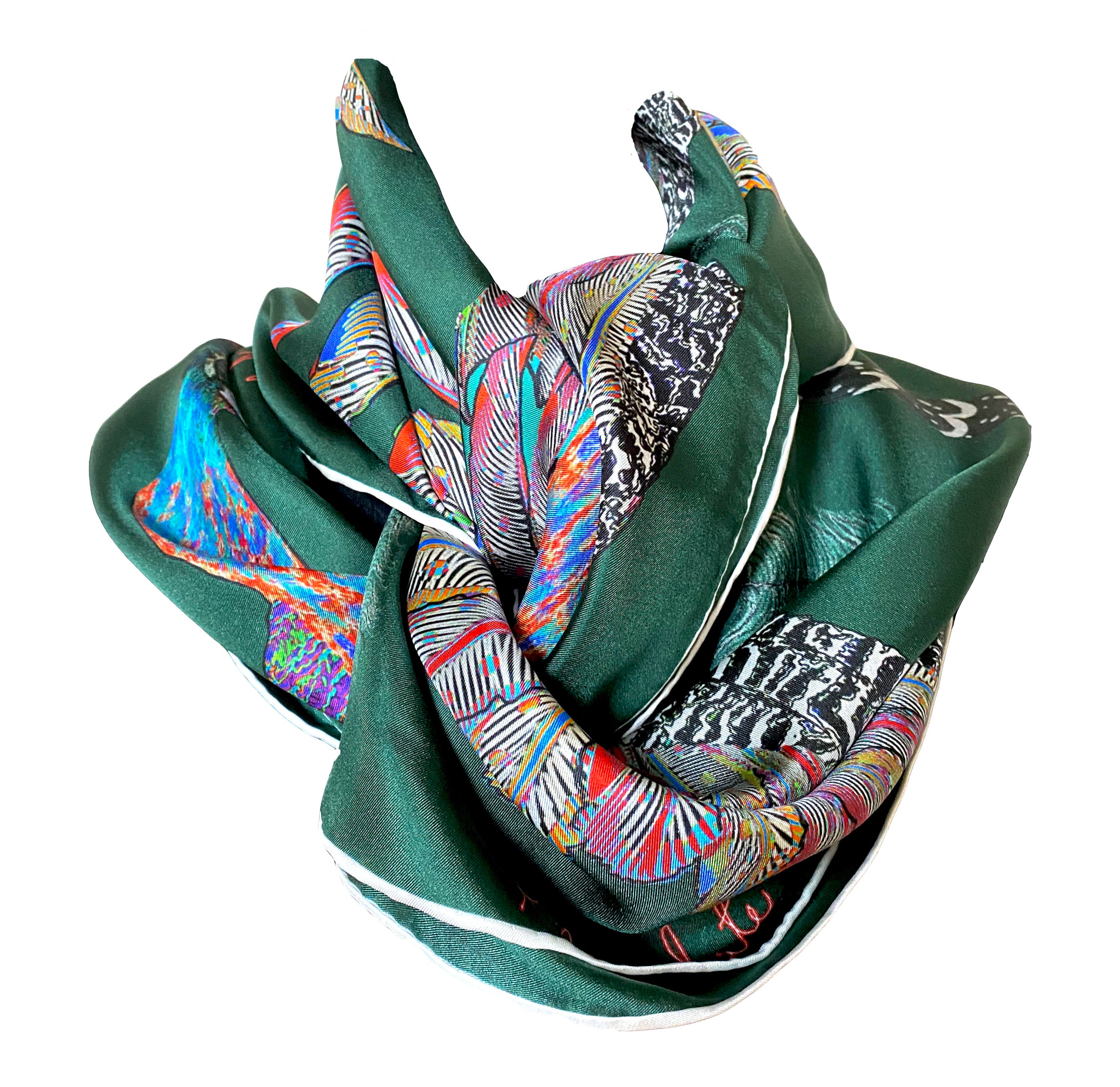 Proud Peacock Feathers in Green, 100% Silk Scarf, Large Square