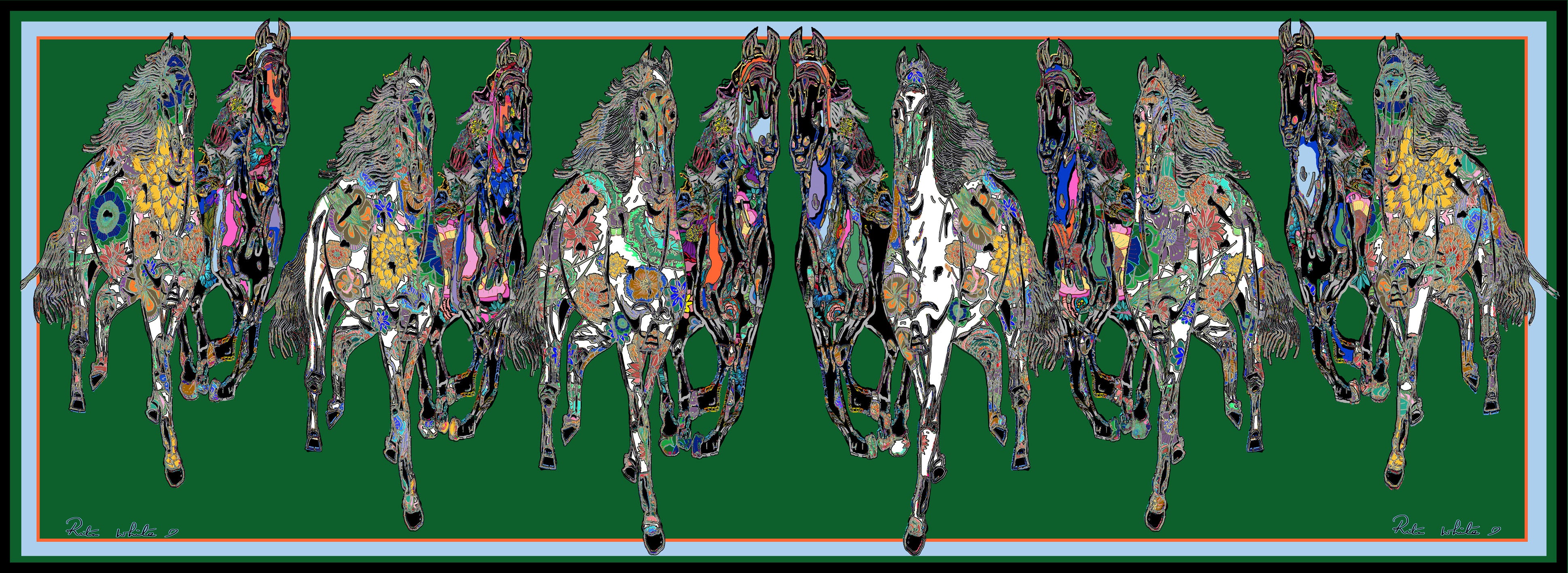 Galloping Horses in Emerald Green. Long Silk Scarves