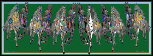 Galloping Horses in Emerald Green. Long Silk Scarves