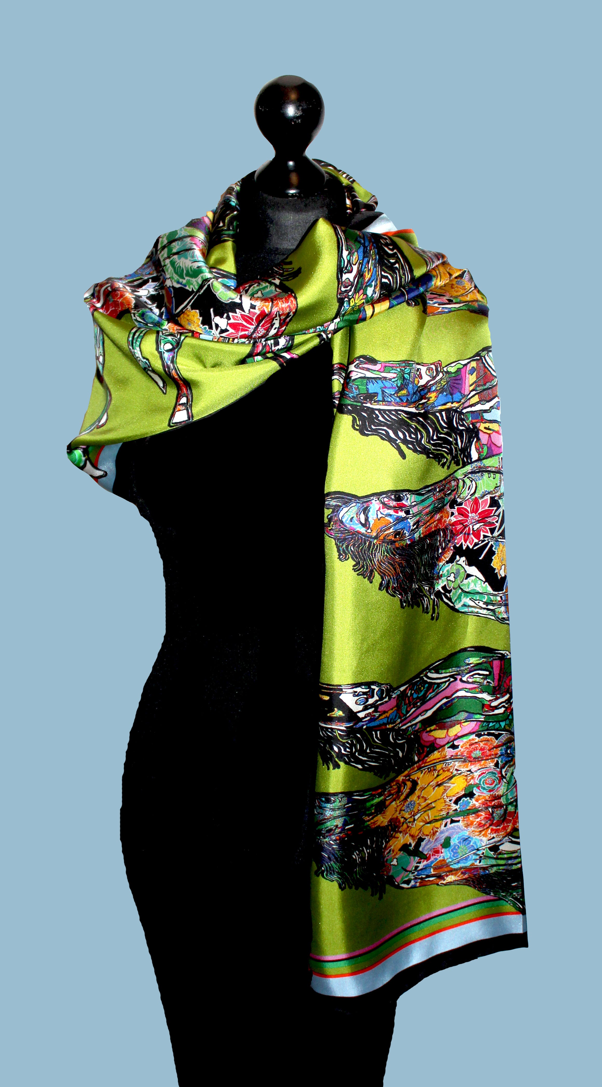 Galloping Horses In Green Long Silk Scarf