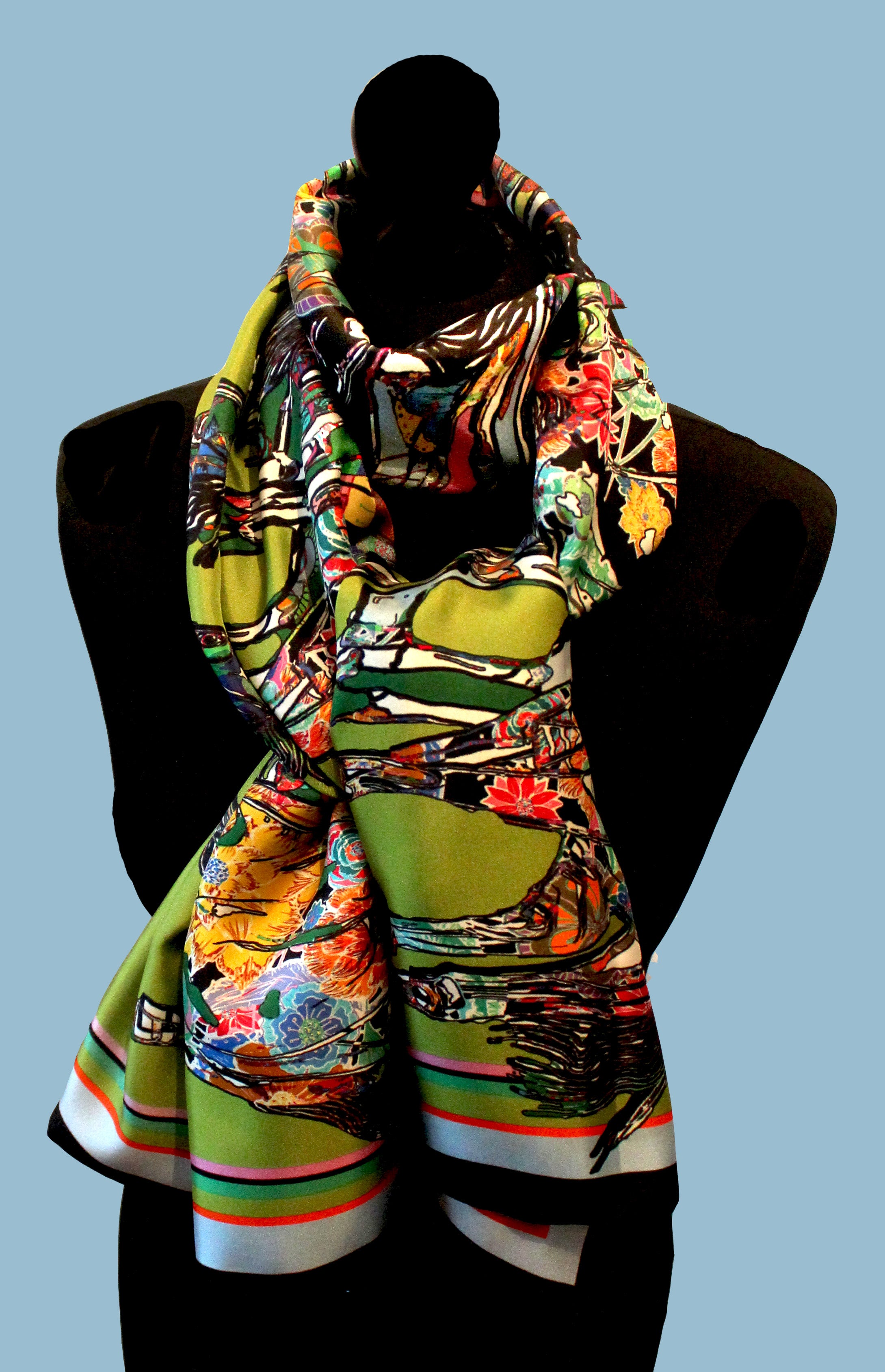 Galloping Horses In Green Long Silk Scarf