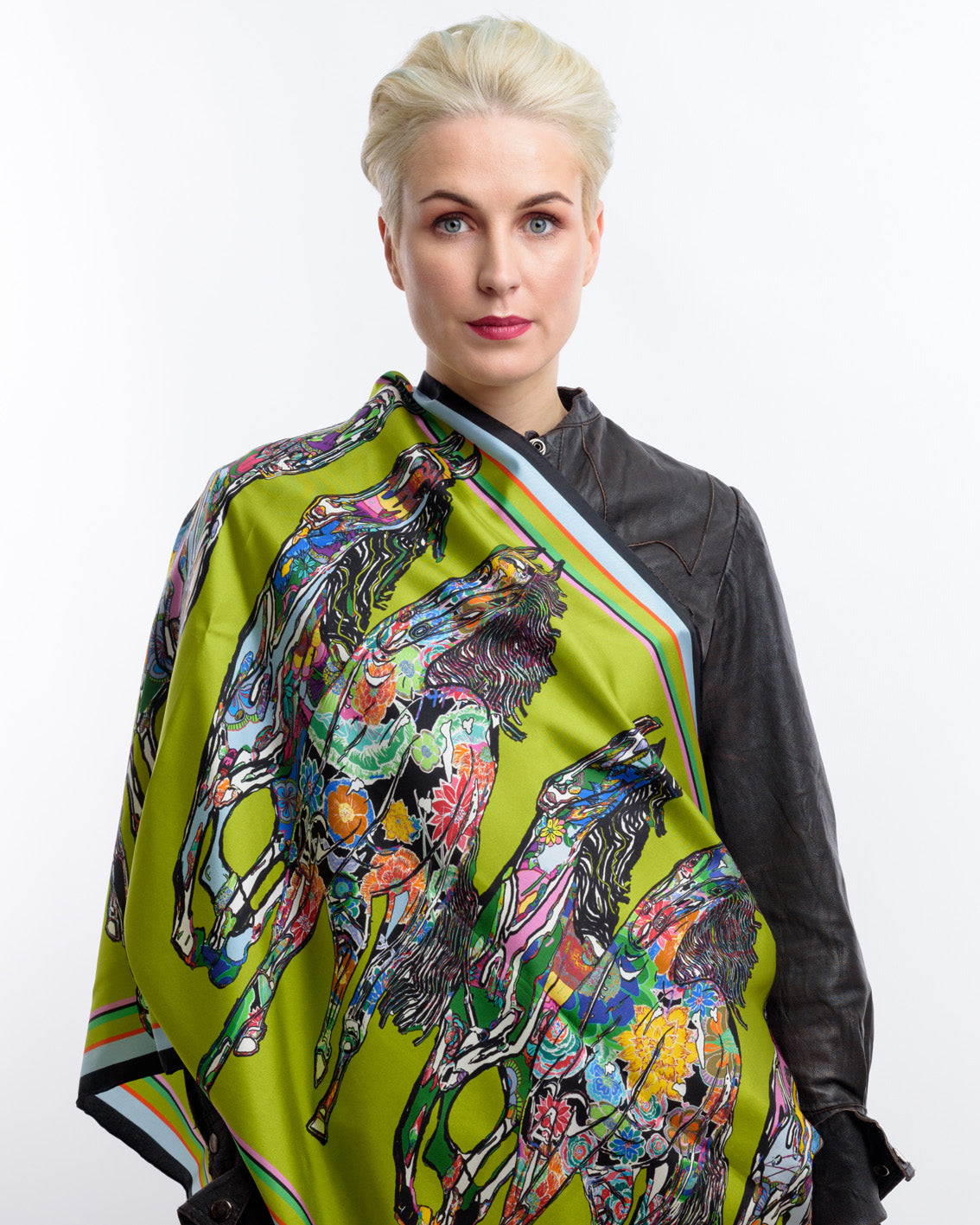 Galloping Horses In Green Long Silk Scarf