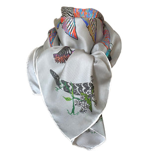 Proud Peacock Feathers in Grey, 100% Silk Scarf , Large Square