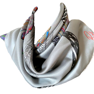 Proud Peacock Feathers in Grey, 100% Silk Scarf , Large Square