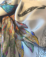 Proud Peacock Feathers in Grey, 100% Silk Scarf , Large Square