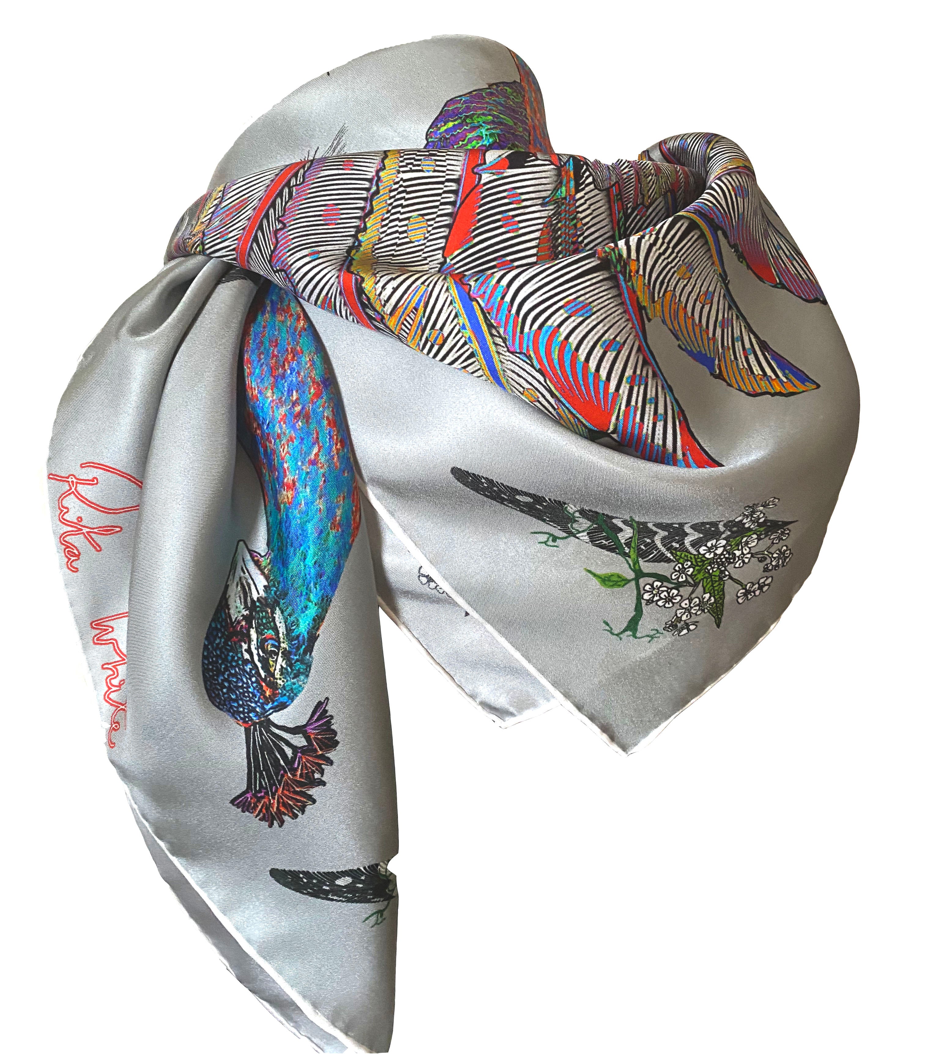 Proud Peacock Feathers in Grey, 100% Silk Scarf , Large Square