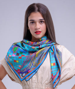 Teal Squares, Silk Scarf