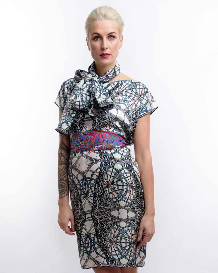 Juggling Wheels Print 100% Silk Dress