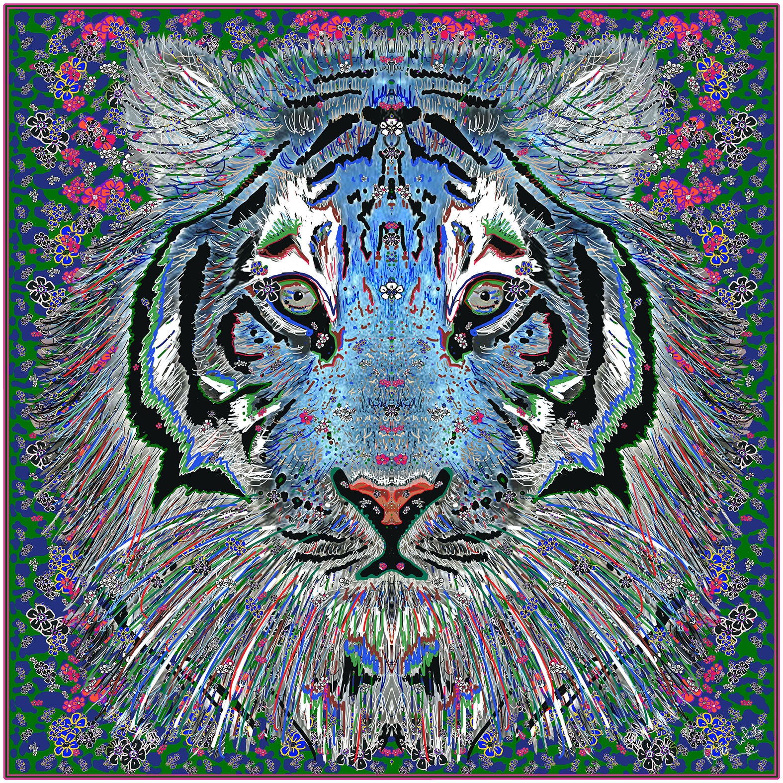 Blue Tiger, 110cm Square Silk Scarf