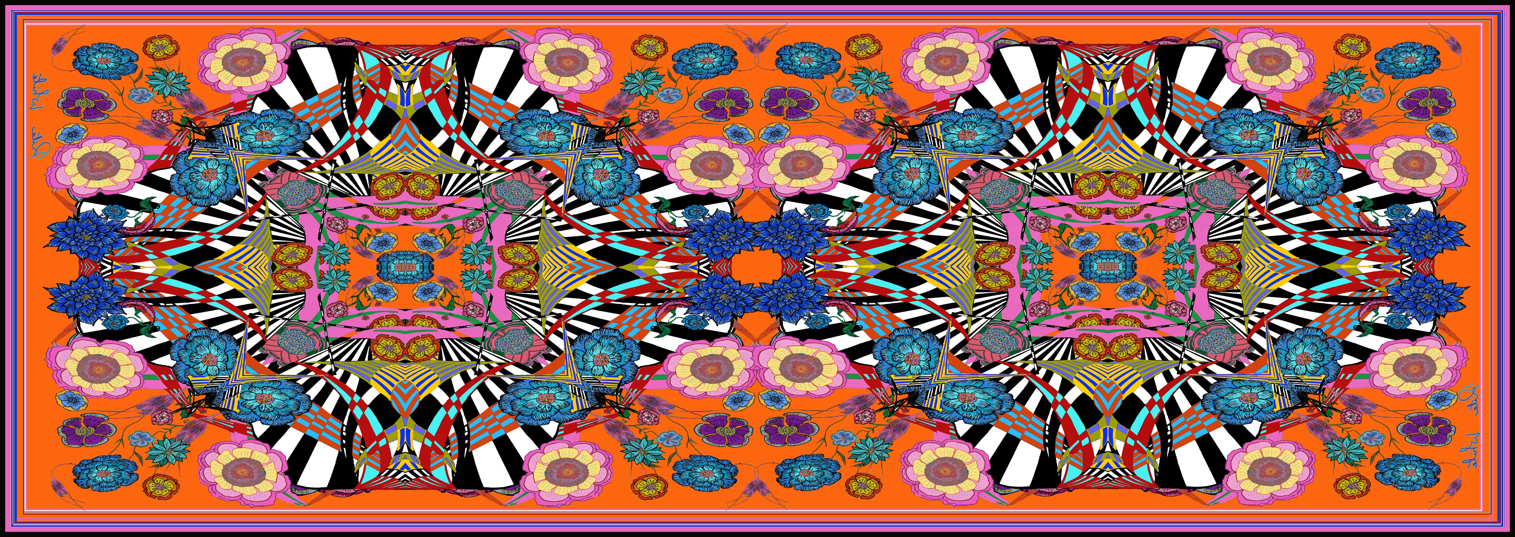 Orange Flower Burst, 100% Silk Twill, Long Rectangular Scarf