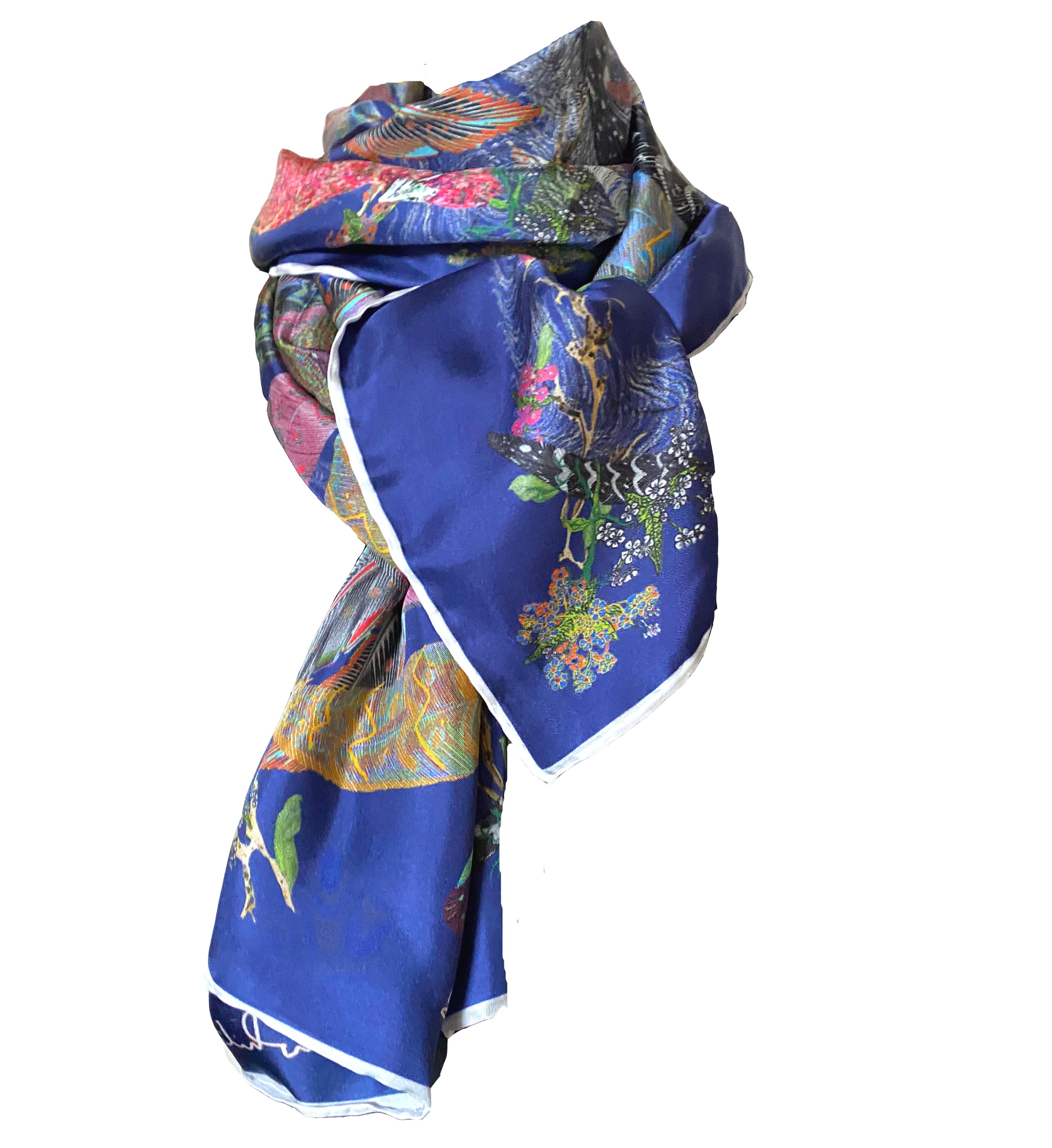 The Proud Peacock in Navy. Long Silk Scarves