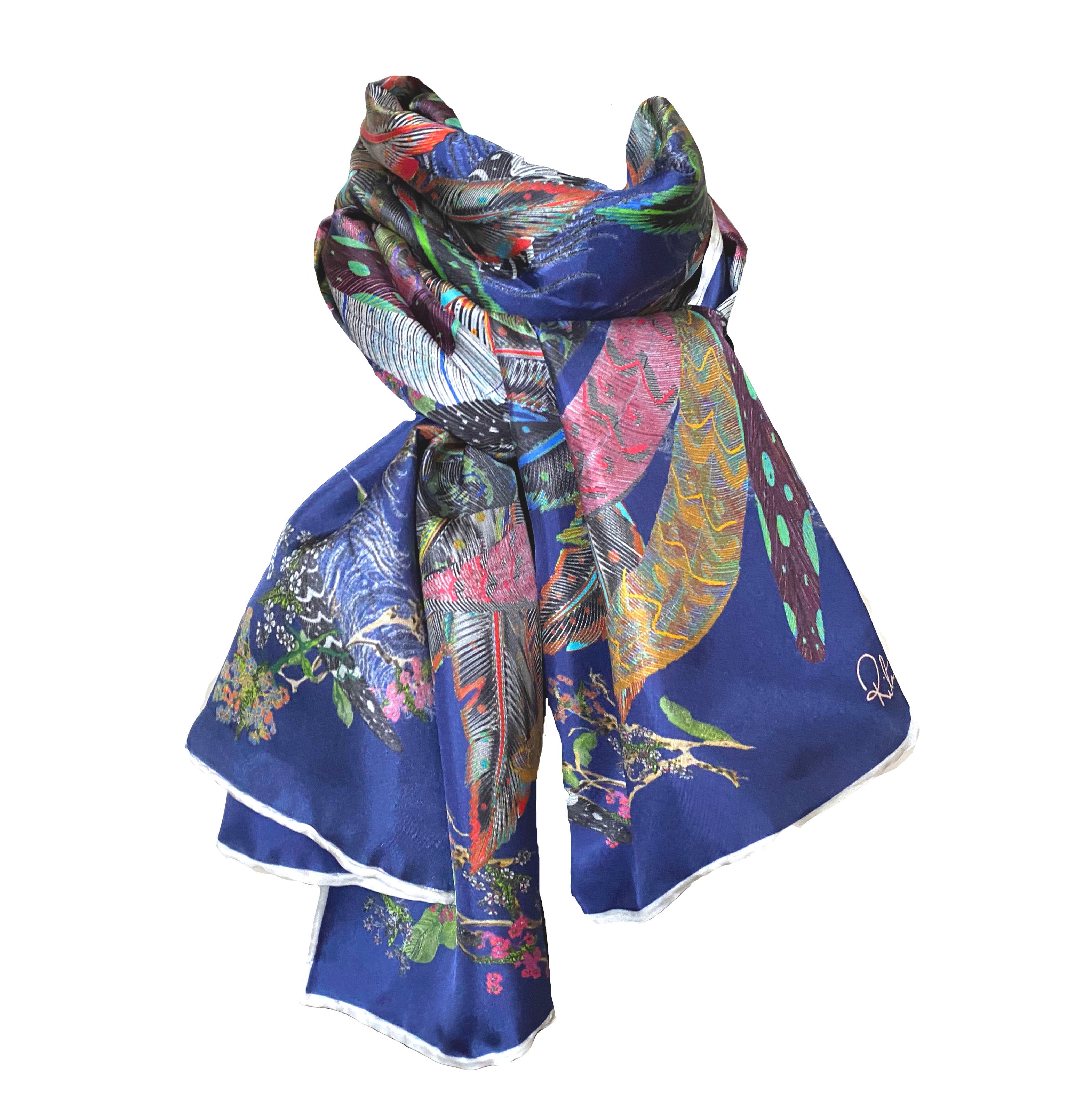 The Proud Peacock in Navy. Long Silk Scarves