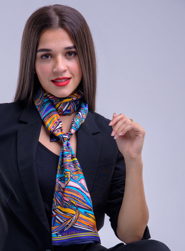 Navy Flame  Print, Silk Twilly Scarf