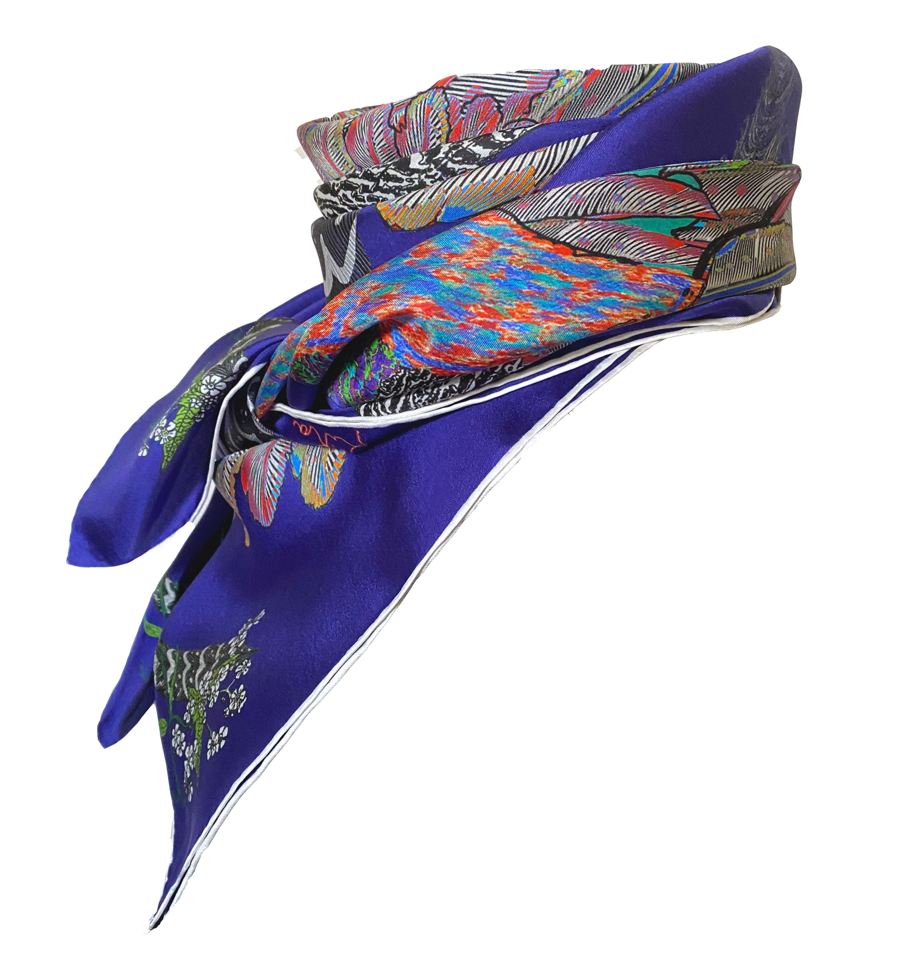Proud Peacock Feathers in Navy, 100% Silk Scarf , Large Square