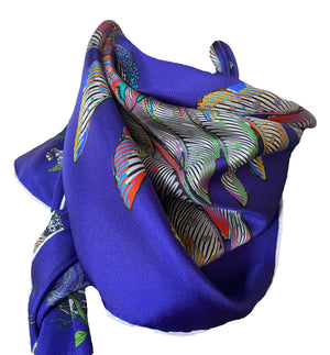 Proud Peacock Feathers in Navy, 100% Silk Scarf , Large Square