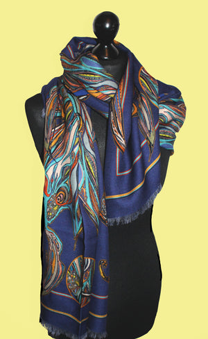 Navy Flame 100% Wool Long Scarf