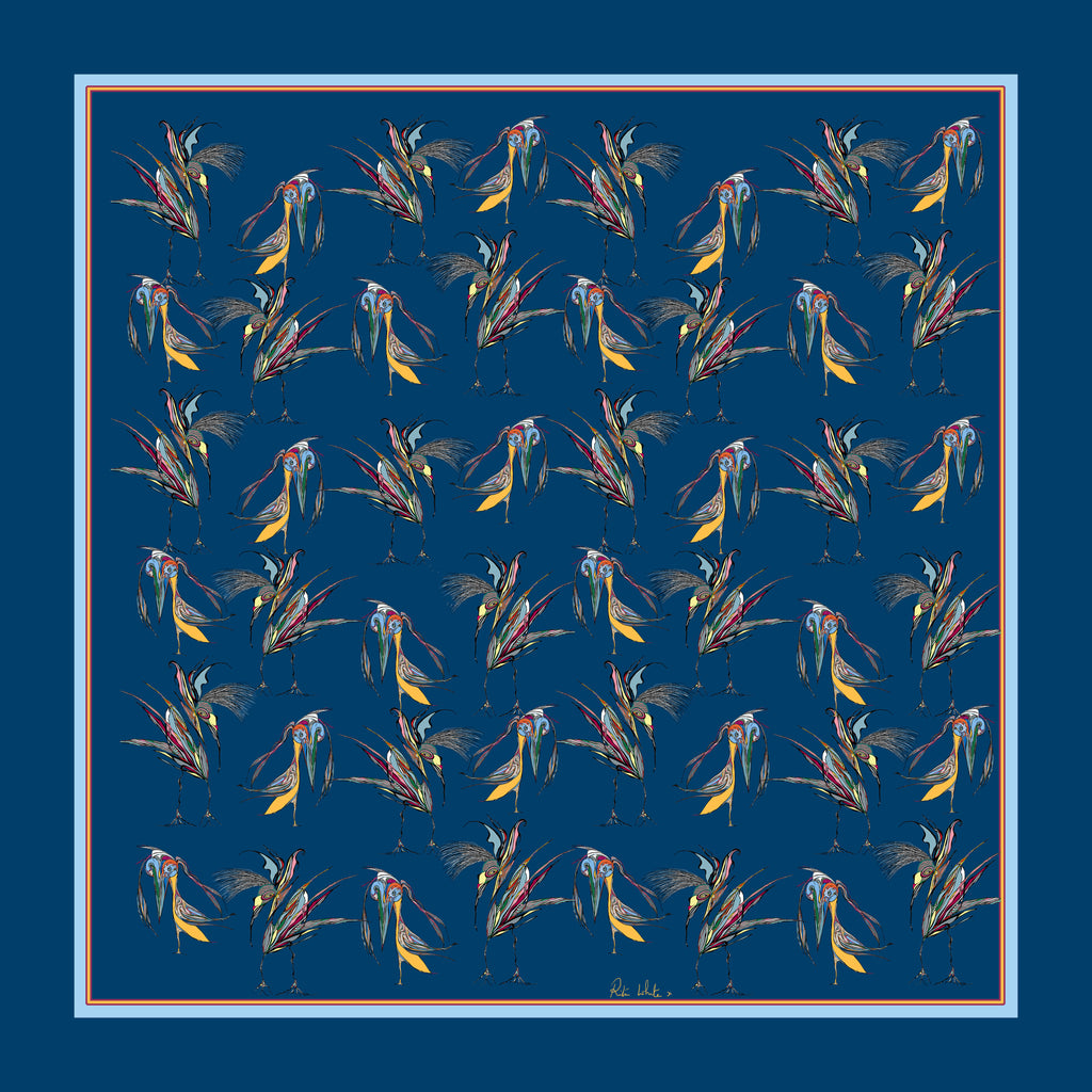 100% Silk Pocket Square in Navy Birds Pattern