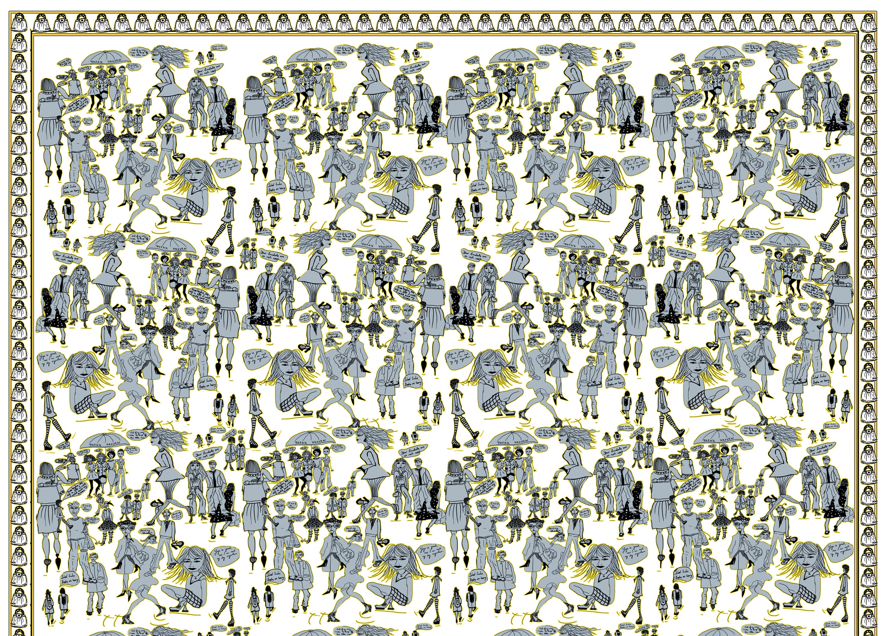Yellow People Watching, 100% Silk Twill, Long Rectangular Scarf