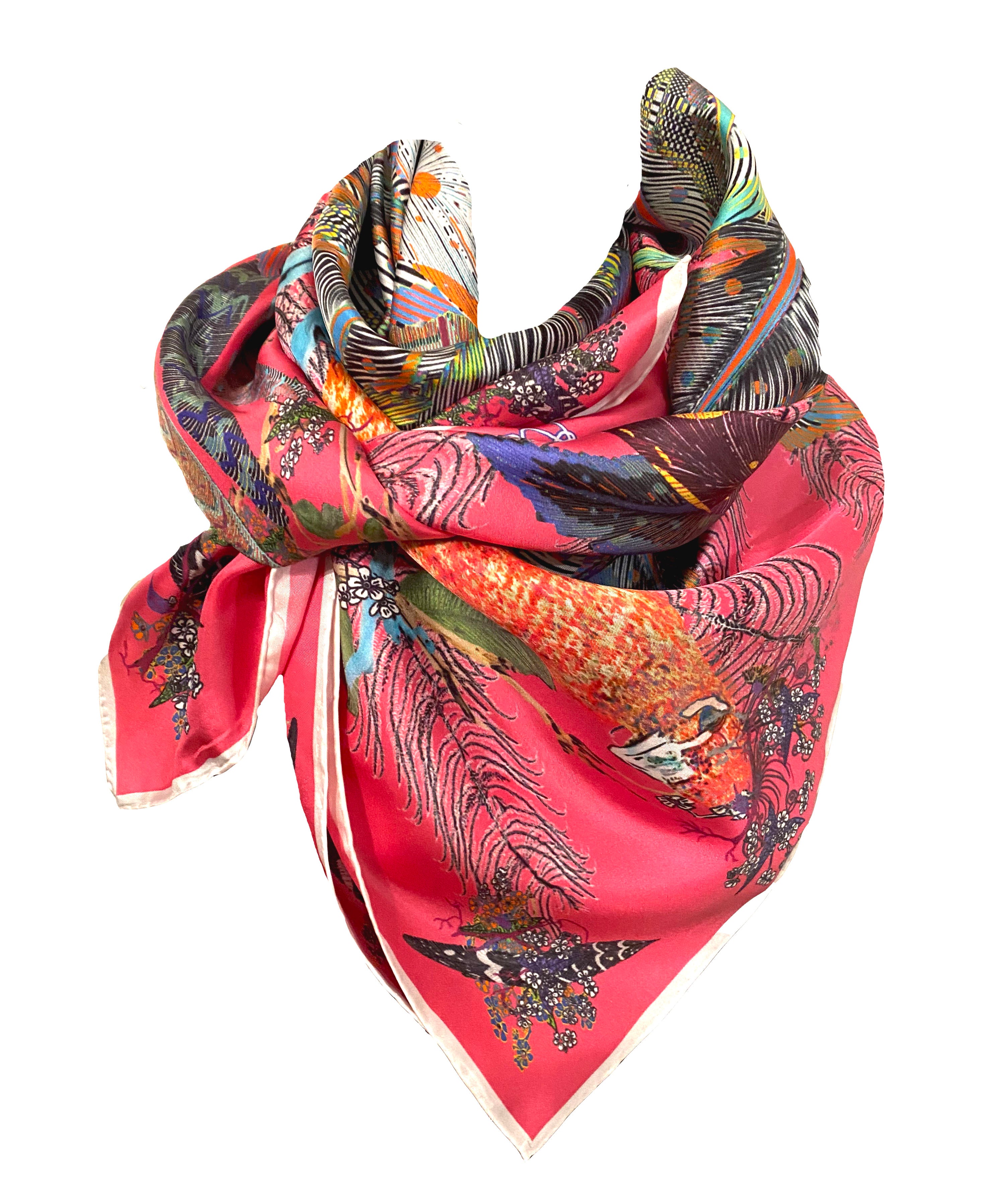 Proud Peacock Feathers in Pink, 100% Silk Scarf