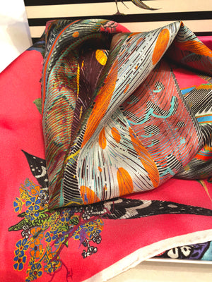 Proud Peacock Feathers in Pink, 100% Silk Scarf