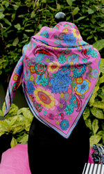 pink flowers print designer rita white cotton/silk scarf