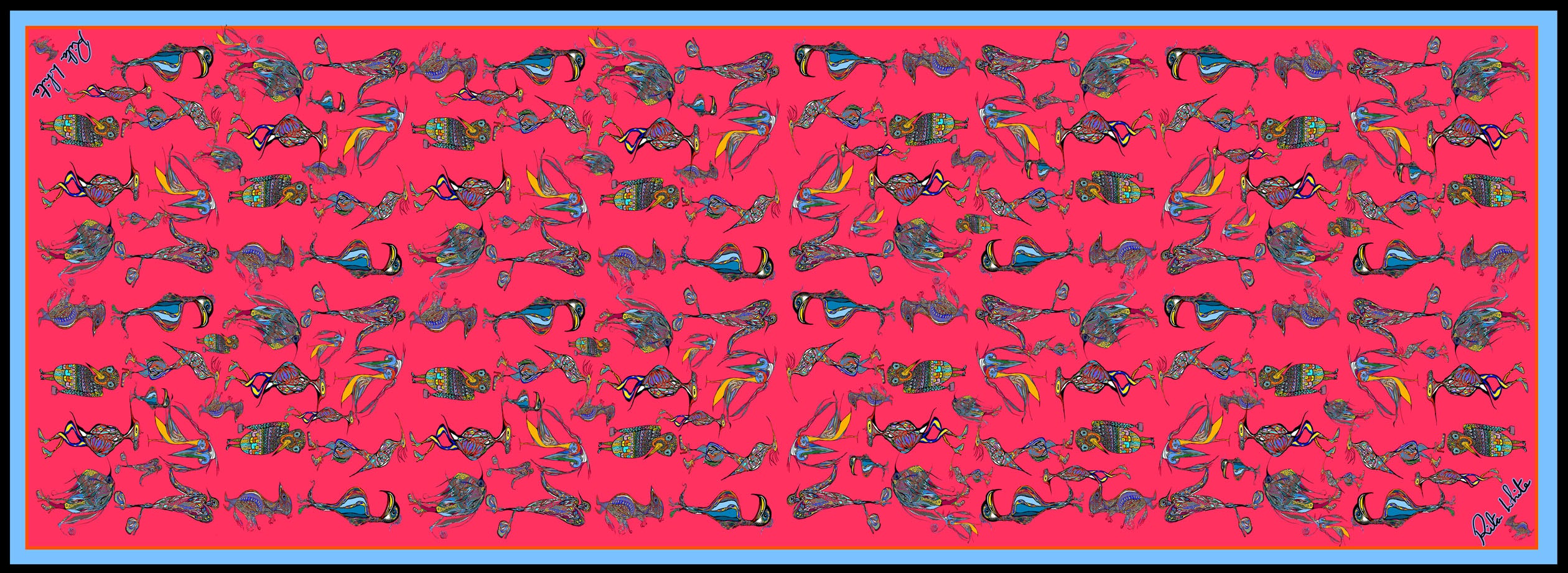 Red Birds Wearing Shoes, 100% Silk Twill, Long Rectangular Scarf